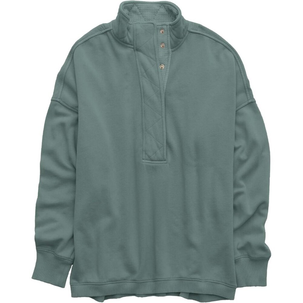 Women Mystical Green Oversized Casual Long Sleeve Henleyneck Pullover Sweatshirt - Picture 4 of 4